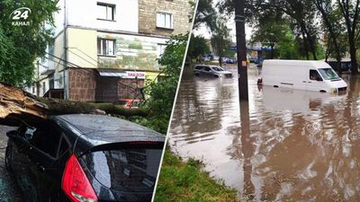 После мощного ливня Тернополь затопило: улицы превратились в реки, дерево раздавило автомобиль
